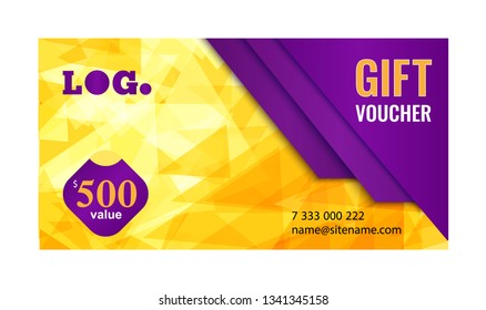 Gift voucher – bright design with orange background of chaotically moving triangles. Modern dynamic background for your company. Vector illustration.