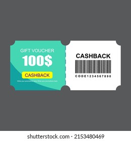 
Gift voucher card 100$ cashback template design with coupon code promotion text vector illustration