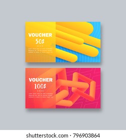 Gift Voucher Card 50$ and 100$ with Round Gradient Halftone Objects and Background. Easy Colorful style for any Holliday. Bright Style. Vector illustration EPS 10.
