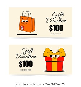 Gift voucher card set, coupon promotion, certificate, ticket template, discount, sale banner. Vector illustration with funky groovy character gift box and shopping bag