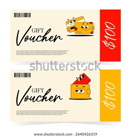 Gift voucher card set. Coupon promotion, certificate, ticket template, discount, sale banner. Vector illustration with funky groovy character wallet and bank plastic cards