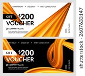Gift voucher card set with motion 3d golden shiny ribbon background. Abstract seasonal holiday sale banner. Vector luxury design template for certificate or discount coupon