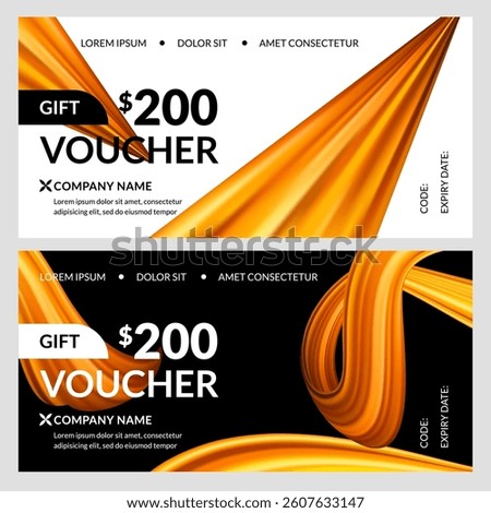 Gift voucher card set with motion 3d golden shiny ribbon background. Abstract seasonal holiday sale banner. Vector luxury design template for certificate or discount coupon