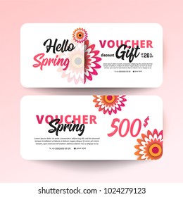 Gift Voucher Card Set Template with flowers on white background. Paper cut style vector illustration.