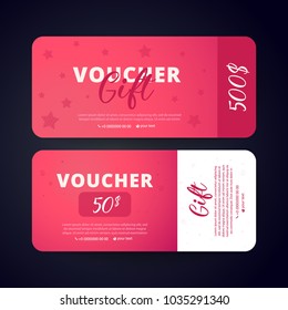 Gift Voucher Card Set Template with stars on color red  background. Flat style vector illustration.
