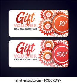 Gift Voucher Card Set Template with red flowers on white background. Flat style vector illustration.
