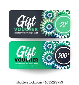 Gift Voucher Card Set Template with origami flowers on white background. Flat style vector illustration.
