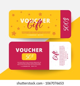 Gift Voucher Card Set Template with stars on color red  background. Flat style vector illustration.
