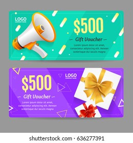 Gift Voucher Card Set Template Monetary Value Coupon with Megaphone and Present Box. Vector illustration