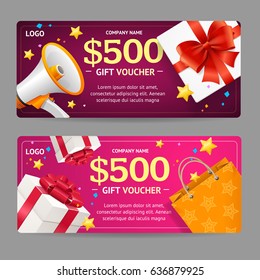 Gift Voucher Card Set Template With Loudspeaker Symbol Advertising Or Sale Present Box And Paper Bag. Vector Illustration