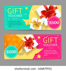 Gift Voucher Card Set Template Monetary Value with Present Box and Paper Bag. Vector illustration