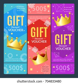 Gift Voucher Card Set Template Monetary Value Coupon with a Crown Symbol of Luxury. Vector illustration