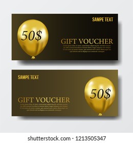 Gift voucher card template with illustration of 3D gold balloon for marketing