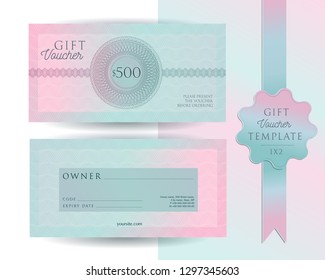 Gift voucher card template. Modern discount 500 certificate layout with guilloche watermarks pattern. Fashion bright pink mint background design with sample text. Vector set of front and back sides