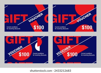 Geschenkgutschein-Kartenvorlage in nahtloser Dekoration - 4 Design-Versionen, gewagter Minimalismus-Anti-Design-Stil.