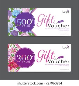 Gift voucher card template value 500$ and 300$ with elements set of blooming colorful hydrangea and lily flowers background for business, flower shop, spa, hotel resort, vector illustration design. 