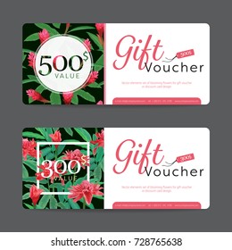 Gift voucher card template value 500$ and 300$ with elements set of tropical flowers background for business, flower shop, spa, hotel resort, vector illustration design.
