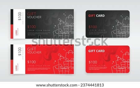 Gift voucher or gift card templates with a design of shopping bags and gift boxes. Can be utilized as regular or e-gift card. Suitable for black friday, seasonal or any other kind of sales promotion