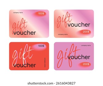 Gift Voucher Card Templates in Pink and Red Tones. Elegant Layout with 100 and 200 Dollar Amounts. Set of Horizontal Certificates for Present or Discount. Vector Illustration.