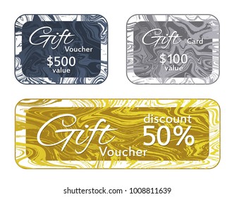 Gift voucher card templates vector set, marble frames liquid design collection.  Bright 50% discount voucher, 100 and 500 dollars value fluid marble gift cards for new year, christmas presents.