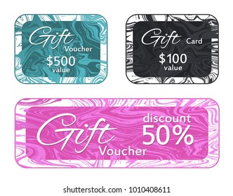 Gift voucher card templates vector set, marble frames liquid design collection.  Trendy 50% discount voucher, 100 and 500 dollars value fluid marble gift cards for new year, christmas presents.