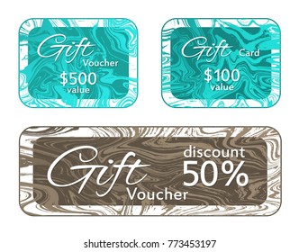 Gift voucher card templates vector set, marble frames flowing design collection.  Creative 50% discount voucher, 100 and 500 dollars value fluid marble gift cards for new year, christmas presents.