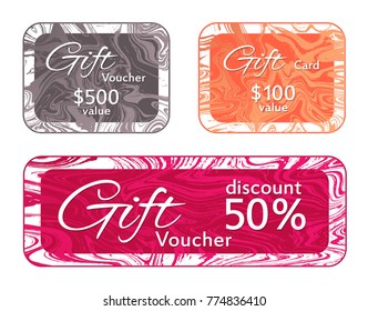Gift voucher card templates vector set, marble frames liquid design collection.  Chic 50% discount voucher, 100 and 500 dollars value fluid marble gift cards for new year, christmas presents.