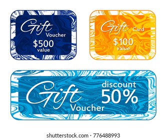 Gift voucher card templates vector set, marble frames liquid design collection.  VIP 50% discount voucher, 100 and 500 dollars value fluid marble gift cards for new year, christmas presents.