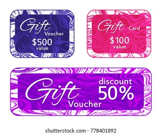 Gift voucher card templates vector set, marble frames gradient design collection.  Creative 50% discount voucher, 100 and 500 dollars value fluid marble gift cards for new year, christmas presents.