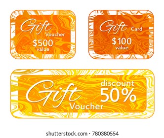Gift voucher card templates vector set, marble frames gradient design collection.  Stylish 50 percent discount voucher, 100 and 500 dollars value fluid marble gift cards for new year, christmas presents.