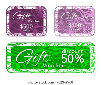 Gift voucher card templates vector set, marble frames flowing design collection.  Rich 50% discount voucher, 100 and 500 dollars value fluid marble gift cards for new year, christmas presents.