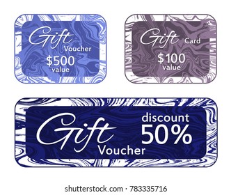 Gift voucher card templates vector set, marble frames flowing design collection.  Memphis 50% discount voucher, 100 and 500 dollars value fluid marble gift cards for new year, christmas presents.