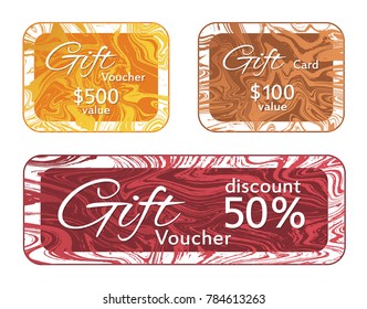 Gift voucher card templates vector set, marble frames liquid design collection.  Chic 50 percent discount voucher, 100 and 500 dollars value fluid marble gift cards for new year, christmas presents.