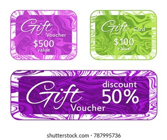 Gift voucher card templates vector set, marble frames graphic design collection.  Bright discount voucher, 100 and 500 dollars value fluid marble gift cards for new year, christmas presents.