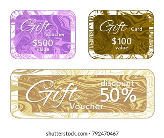 Gift voucher card templates vector set, marble frames liquid design collection.  Simple discount voucher, 100 and 500 dollars value fluid marble gift cards for new year, christmas presents.