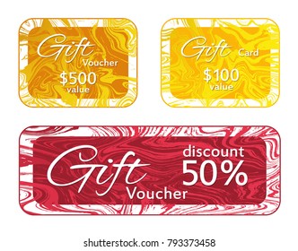 Gift voucher card templates vector set, marble frames graphic design collection.  Minimal discount voucher, 100 and 500 dollars value fluid marble gift cards for new year, christmas presents.