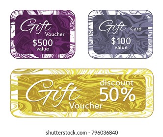Gift voucher card templates vector set, marble frames flowing design collection.  Minimal 50% discount voucher, 100 and 500 dollars value fluid marble gift cards for new year, christmas presents.