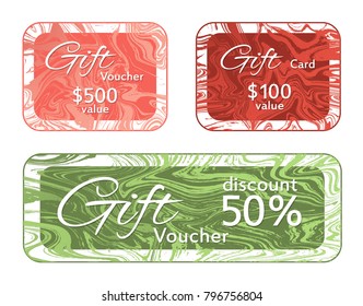 Gift voucher card templates vector set, marble frames liquid design collection.  Modern 50% discount voucher, 100 and 500 dollars value fluid marble gift cards for new year, christmas presents.