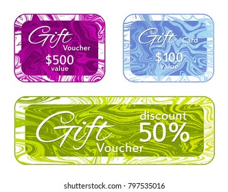 Gift voucher card templates vector set, marble frames gradient design collection.  Creative 50 discount voucher, 100 and 500 dollars value fluid marble gift cards for new year, christmas presents.