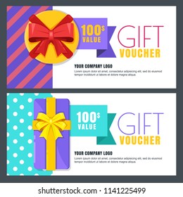 Gift voucher, certificate or coupon vector design layout. Discount banner or holidays greeting card template. Multicolor top view present boxes.