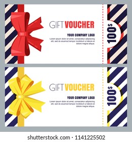 Gift voucher, certificate or coupon vector design layout. Discount banner or holidays greeting card template. Red and yellow bow ribbons on striped background.