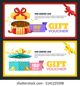 Gift voucher, certificate or coupon vector design layout. Discount banner or holidays greeting card template. Multicolor open present boxes.