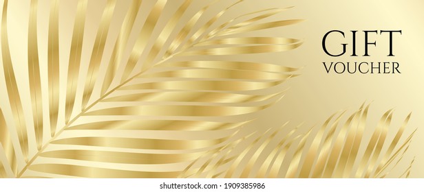 Gift Voucher, Gift certificate with gold luxe palm branch isolated on golden background. Premium template useful for vip invitation, golden coupon design