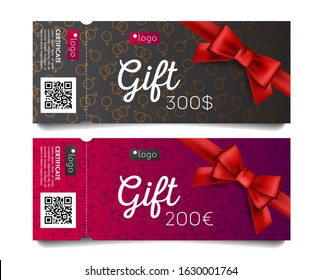 Gift voucher certificate with red bow and gender pattern of male and female symbols, sex shop flyer with monetary award