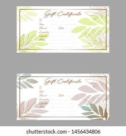 Gift voucher certificate template with simple leaves vector. Feminine theme card.