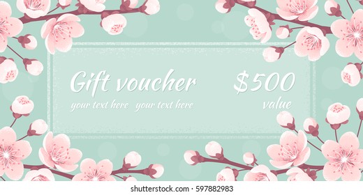 Gift voucher with cherry blossom, spring flowers. Retro vector illustration. Bokeh background. Place for your text