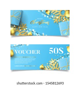 Gift voucher for Christmas and New Year sale. Vector illustration with realistic blue gift boxes, garlands, Christmas balls, snowflakes and confetti. Discount coupon usable for invitation or ticket.