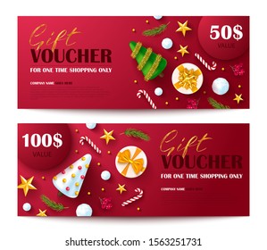 Gift voucher for Christmas and New Year sale.Vector illustration with fir twigs,candy,snowballs,gift boxes,Christmas balls and confetti.Design of discount coupon usable for invitations or tickets.