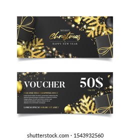 Gift voucher for Christmas sale. Vector illustration with realistic black gift boxes, garlands, Christmas balls, snowflakes and confetti. Discount coupon usable for invitation or ticket.
