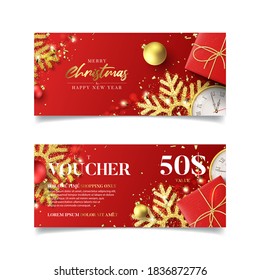 Gift voucher for Christmas sale. Vector illustration with realistic red gift boxes, garlands, wall clock, Christmas balls, snowflakes and confetti. Discount coupon usable for invitation or ticket.